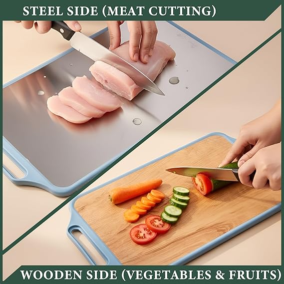 Premium Dual-Sided Chopping Board – Stainless Steel + Wooden Surface